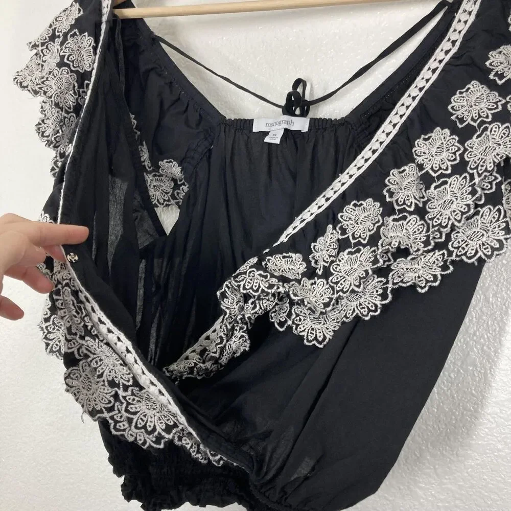 Monograph Anthropologie Blouse XL Black Embroidered Floral Ruffle Crop Top Boho - Picture 6 of 15